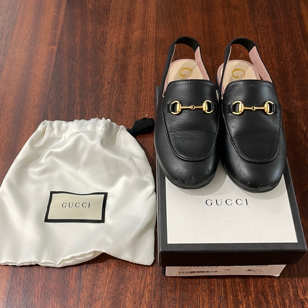 Gucci toddler leather sling back princetown loafers black